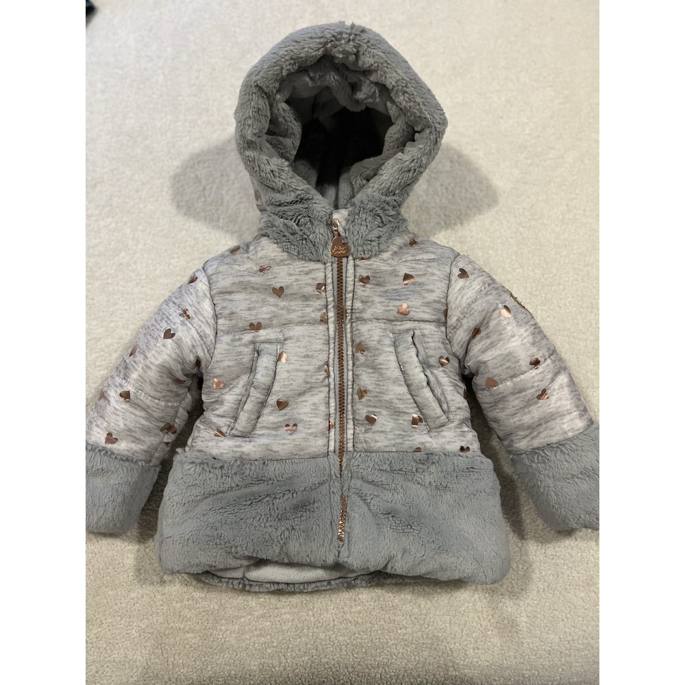 Infant 18 Months Girls Betsy Johnson Winter Jacket Gray And Rose Gold Hearts